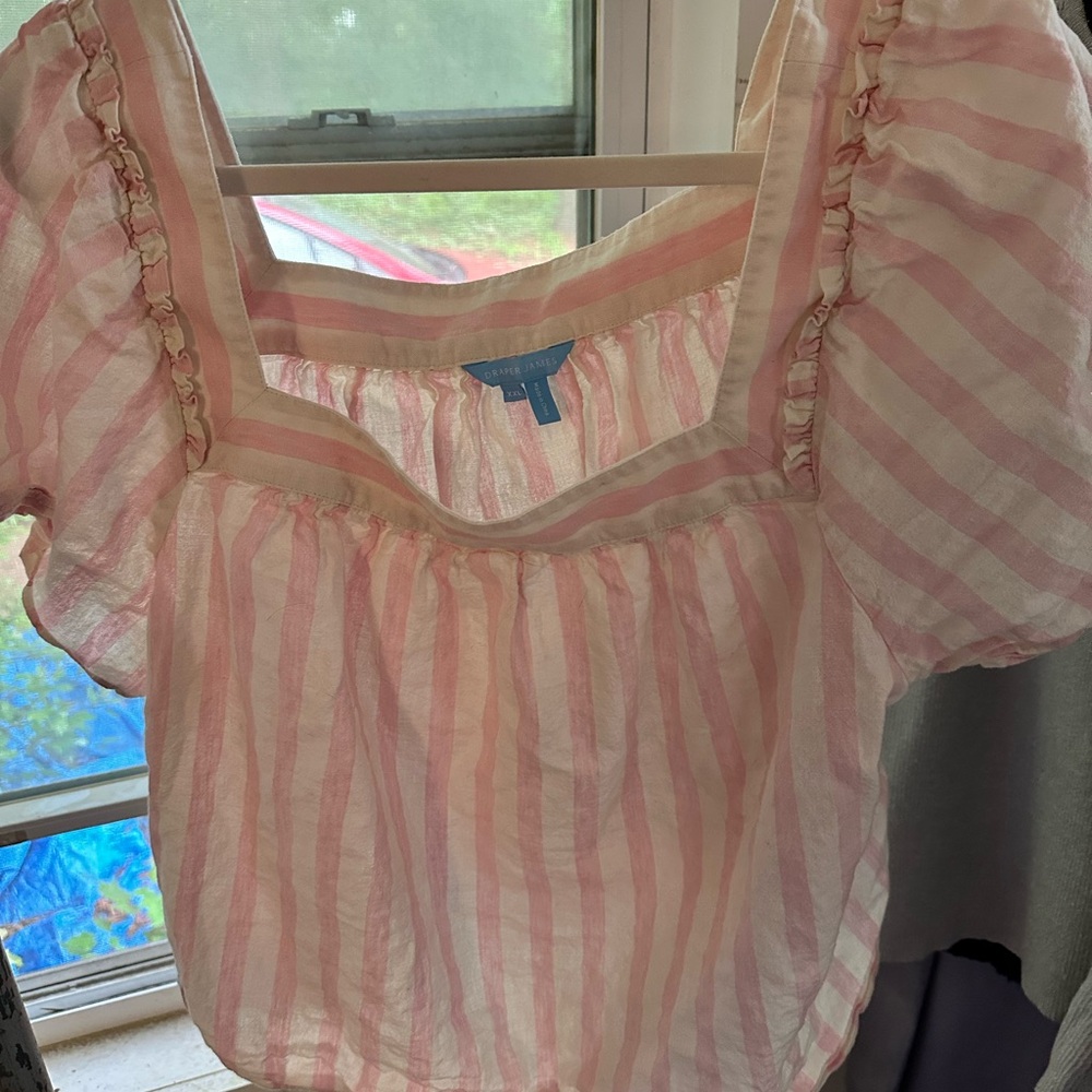 Pink and White Striped Puff Sleeve Blouse